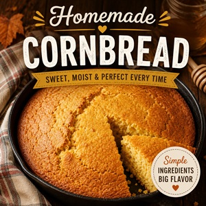 This easy homemade cornbread recipe bakes up with a golden crust and a soft, tender center every time. It's the perfect side dish for cozy soups, hearty chili, barbecue, holiday dinners, and easy family meals, using simple pantry ingredients.