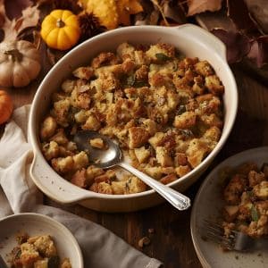 Golden-brown homemade turkey stuffing in a casserole dish
