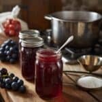 Grape jelly jars on a kitchen counter with a basket of Concord grapes