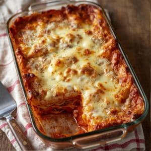 Close-up of a slice of classic homemade lasagna with melted cheese on top