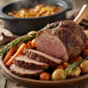 Slow cooker lamb roast with carrots and potatoes in a rich gravy
