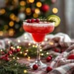Glass of mistletoe margarita with cranberries and rosemary garnish