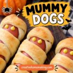 Make these cute Halloween mummy dogs with just a few simple ingredients! Wrapped hot dogs with mustard eyes make a fun Halloween party food idea that kids and adults will love.
