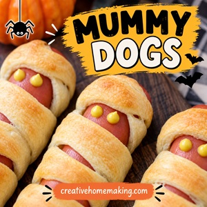 Make these cute Halloween mummy dogs with just a few simple ingredients! Wrapped hot dogs with mustard eyes make a fun Halloween party food idea that kids and adults will love.