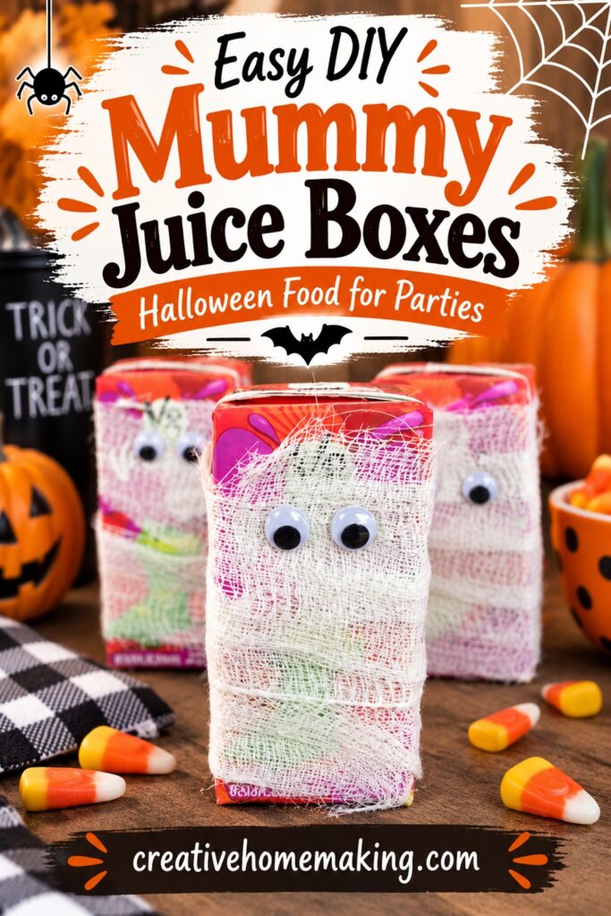Turn ordinary juice boxes into adorable Halloween mummies with gauze and googly eyes! These easy DIY mummy juice boxes make fun Halloween food for parties, classroom celebrations, and kids’ gatherings.