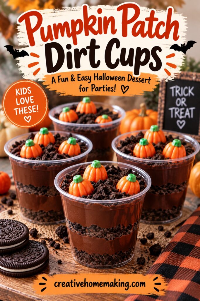 These Pumpkin Patch Dirt Cups are a fun addition to your fall recipes! Chocolate pudding, crushed cookies, and candy pumpkins make an easy Halloween dessert for kids, Halloween parties, classroom parties, and fall gatherings.