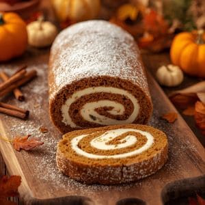 Pumpkin roll on a white platter with fall leaves around