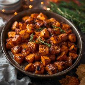 Roasted sweet potatoes on a baking sheet with garlic and paprika