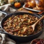 Homemade sausage stuffing in a baking dish with golden crispy top