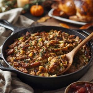 Homemade sausage stuffing in a baking dish with golden crispy top