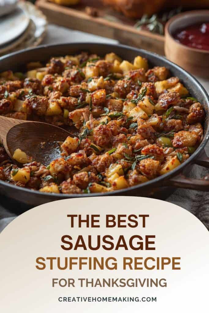 Close-up of golden brown sausage stuffing with herbs and celery