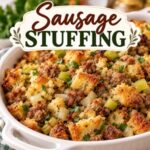 Looking for the perfect Thanksgiving stuffing? This traditional sausage stuffing is packed with browned sausage, toasted bread, sautéed vegetables, and savory seasonings. It's an easy homemade side dish your family will love.