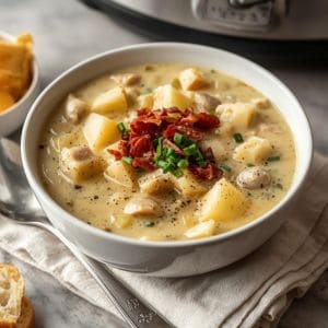 Bowl of creamy clam chowder topped with crispy bacon and parsley