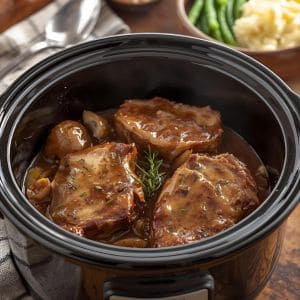 Juicy crockpot pork chops topped with gravy in a rustic bowl.