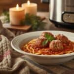 Bowl of slow cooker spaghetti and meatballs topped with Parmesan cheese