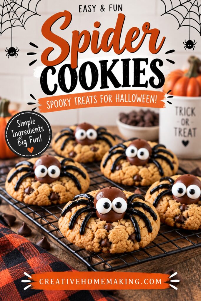 Make these playful spider cookies for your next Halloween party! They’re an easy Halloween dessert made with simple ingredients and decorated with chocolate spiders and candy eyes. Perfect for kids and Halloween gatherings.