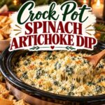 Add this creamy spinach artichoke dip to your holiday appetizer menu! Made in the slow cooker, it’s a convenient way to serve a warm, cheesy dip at Christmas gatherings, potlucks, and family parties. Pair it with crackers or toasted baguette slices for an easy party favorite.