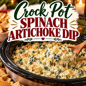 Add this creamy spinach artichoke dip to your holiday appetizer menu! Made in the slow cooker, it’s a convenient way to serve a warm, cheesy dip at Christmas gatherings, potlucks, and family parties. Pair it with crackers or toasted baguette slices for an easy party favorite.