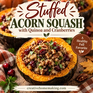 This stuffed acorn squash is a delicious fall food made with quinoa, cranberries, pecans, and fresh herbs. A cozy fall recipe that's perfect for easy family dinners and simple homemade living.