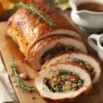 Sliced stuffed turkey breast with golden brown crust and herb stuffing
