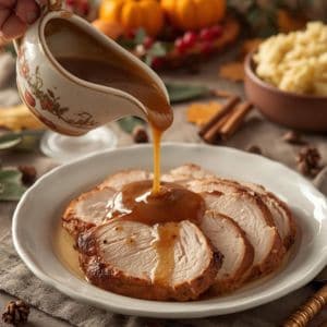 Homemade turkey gravy made from pan drippings served in a gravy boat for Thanksgiving dinner.