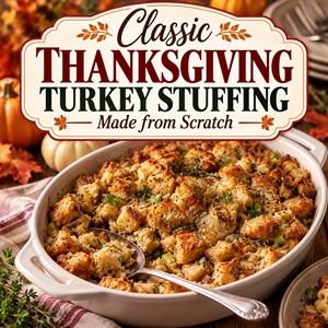 Nothing says Thanksgiving like a dish of warm, savory stuffing served alongside turkey and mashed potatoes. This classic turkey stuffing recipe is a delicious choice for a traditional holiday dinner. Add it to your collection of Thanksgiving side dishes and serve it at your next family gathering.