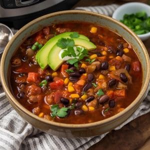 Bowl of hearty vegan chili topped with avocado and cilantro