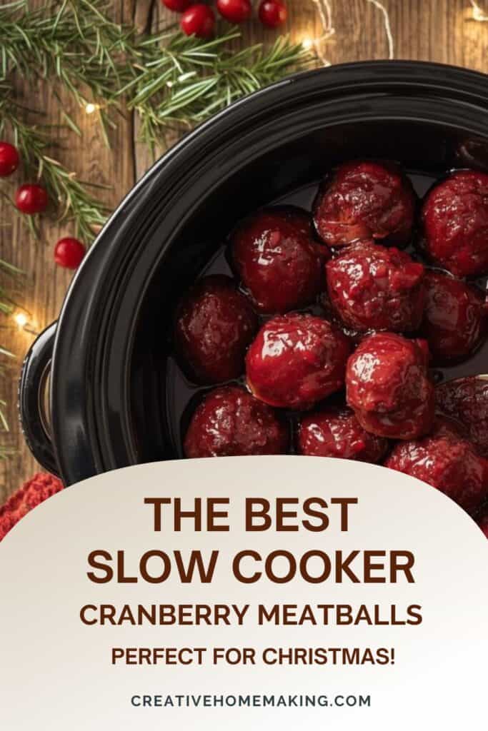 Crockpot filled with cranberry meatballs topped with parsley