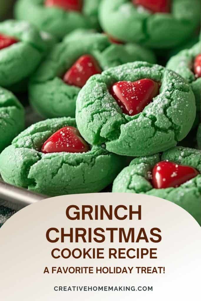 Green crinkle cookies dusted with powdered sugar and topped with red hearts