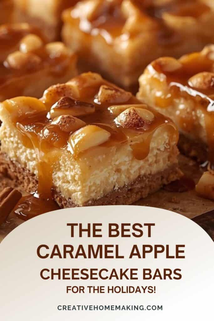 Slice of caramel apple cheesecake bar with caramel dripping down the side