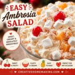 This easy ambrosia salad is loaded with mandarin oranges, pineapple, marshmallows, coconut, and cherries for a sweet and creamy dessert everyone loves. Perfect for summer picnics, Fourth of July celebrations, Labor Day cookouts, potlucks, and family gatherings. A classic make-ahead recipe that's always a crowd favorite.