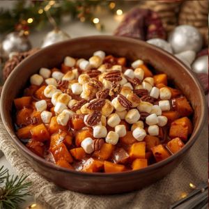 Baked candied yams topped with golden brown marshmallows – classic Christmas food.