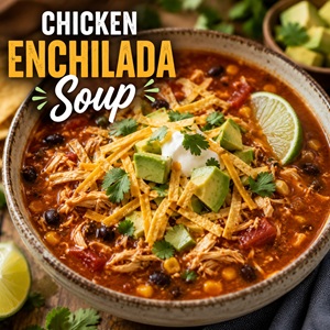 This hearty chicken enchilada soup is packed with tender chicken, black beans, corn, tomatoes, and bold enchilada flavor. Top it with avocado, cheese, sour cream, cilantro, and crunchy tortilla strips for an easy meal the whole family will love. Perfect for easy family dinners, cozy soup recipes, and fall recipes.