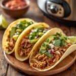 Slow cooker chicken tacos in tortillas topped with fresh cilantro and lime