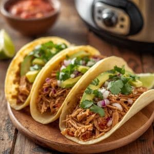 Slow cooker chicken tacos in tortillas topped with fresh cilantro and lime