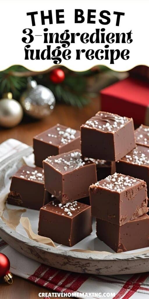 Creamy chocolate fudge cut into squares on a festive holiday plate