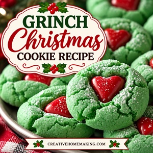 These Grinch crinkle cookies are a fun and festive addition to your Christmas baking! Bright green cookies with cracked, sugar-dusted tops and red heart candies make the perfect Grinch-inspired holiday treat. Bake a batch for Christmas parties, holiday dessert trays, classroom celebrations, or Christmas cookie exchanges. These cute cookies are sure to bring some Christmas cheer!