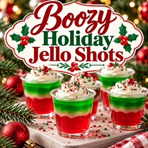 Add a festive touch to your Christmas party with these colorful boozy holiday Jello shots! Layered in red and green with creamy whipped topping, they're a fun addition to holiday celebrations, Christmas parties, and New Year's Eve gatherings. Save this fun holiday party idea!