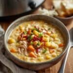 Bowl of creamy chicken corn chowder garnished with parsley and bacon
