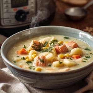 Slow cooker salmon chowder with creamy texture and herbs