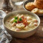 Close-up of creamy fish chowder with chunks of cod and potatoes