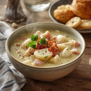 Close-up of creamy fish chowder with chunks of cod and potatoes