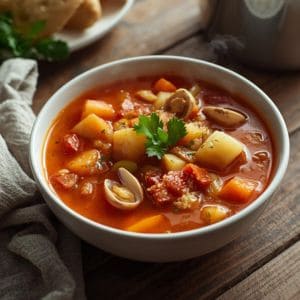 Bowl of hearty Manhattan clam chowder with tomatoes and clams