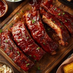 Plate of slow cooker pork ribs glazed with barbecue sauce and sprinkled with herbs