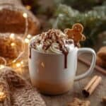 Gingerbread hot chocolate topped with whipped cream and crushed cookies