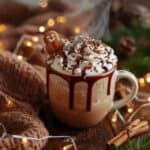 Variety of hot chocolate mugs surrounded by holiday decorations and cinnamon sticks