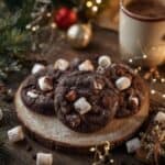 Freshly baked hot chocolate cookies topped with gooey marshmallows and chocolate chips