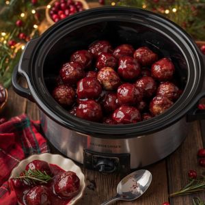 Slow cooker cranberry meatballs served in a holiday dish