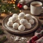 Plate of powdered sugar snowball Christmas cookies