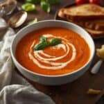 Bowl of creamy tomato basil soup made in a slow cooker